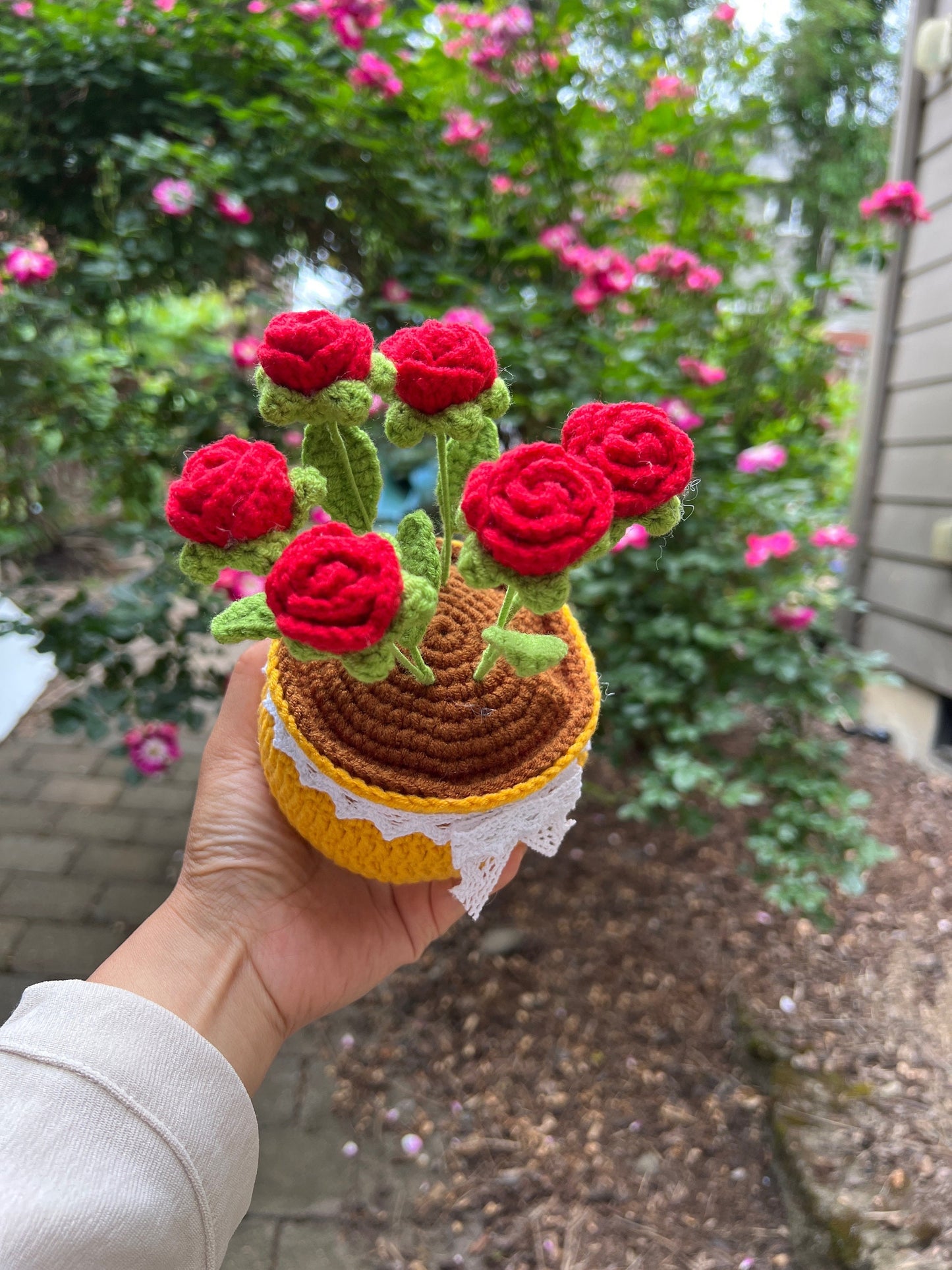 Crochet flower pot,special gift,knitting unique gift, crochet tulip, rose,Birthday gift, Anniversery gift, ready to ship