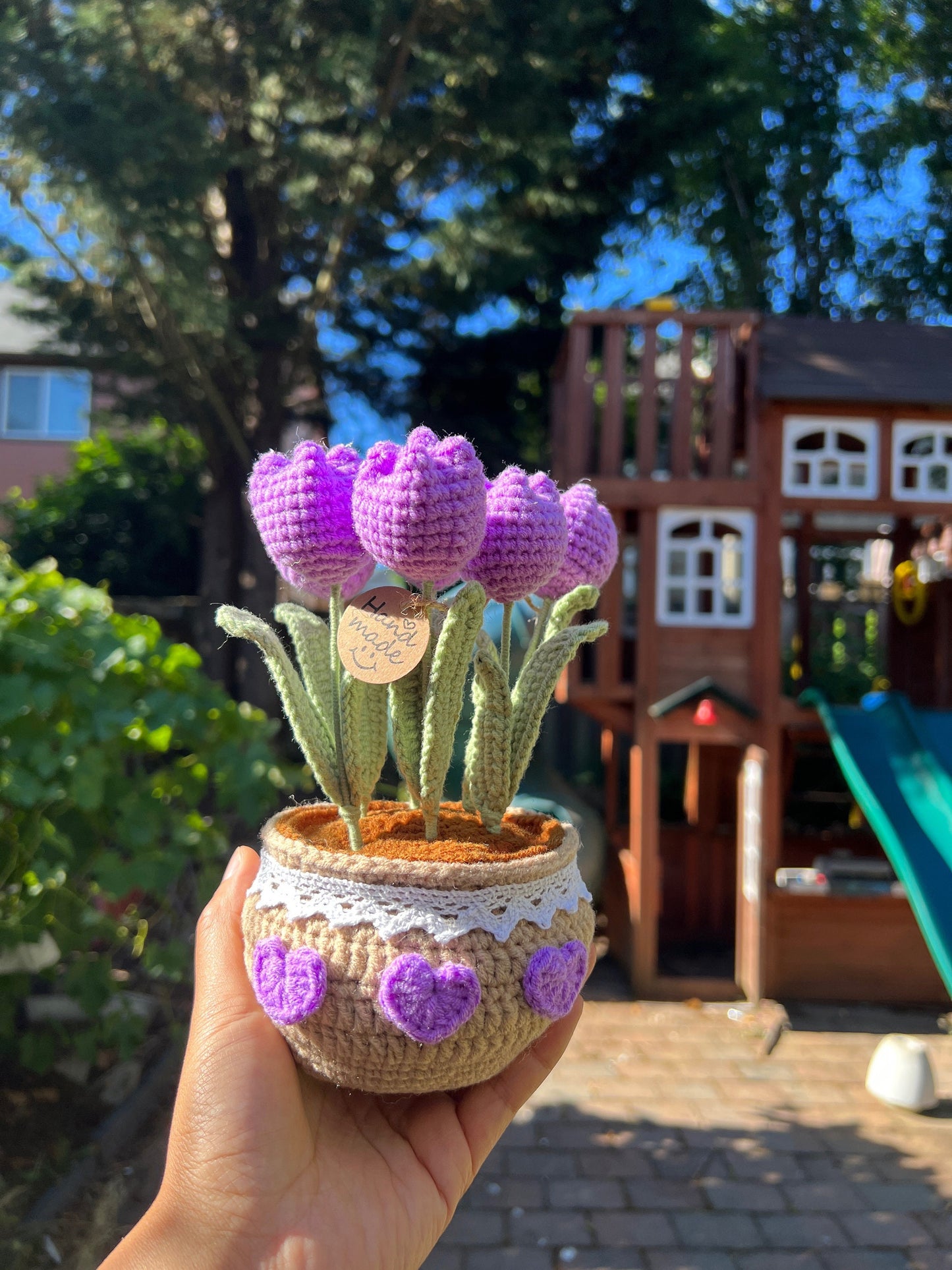 Crochet flower pot,special gift,knitting unique gift, crochet tulip, rose,Birthday gift, Anniversery gift, ready to ship