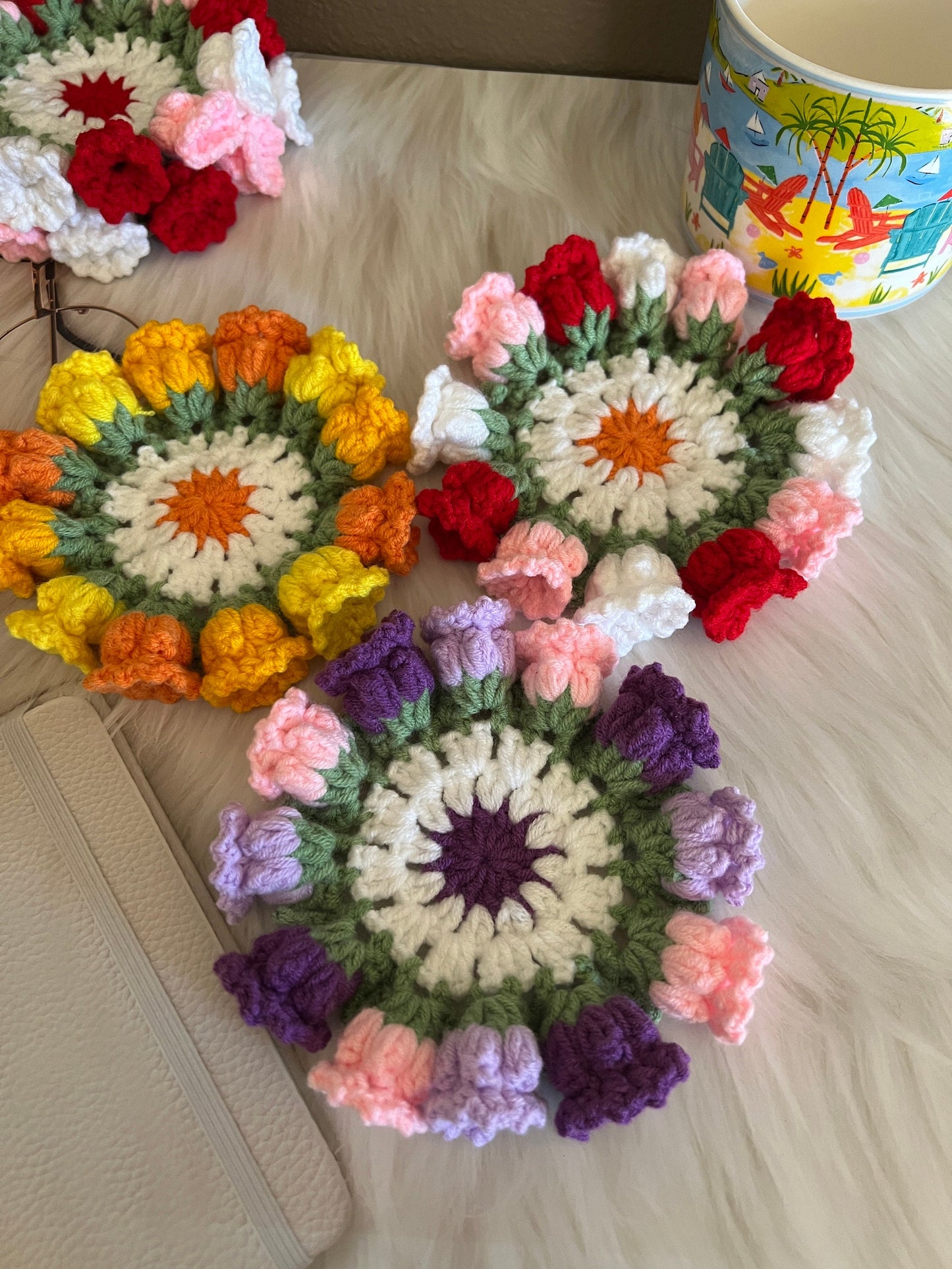 Crochet flower coasters, handmade gift,lily of valley coasters, mug coasters, birthday gift, anniversary gift, handmade gifts,fast ship
