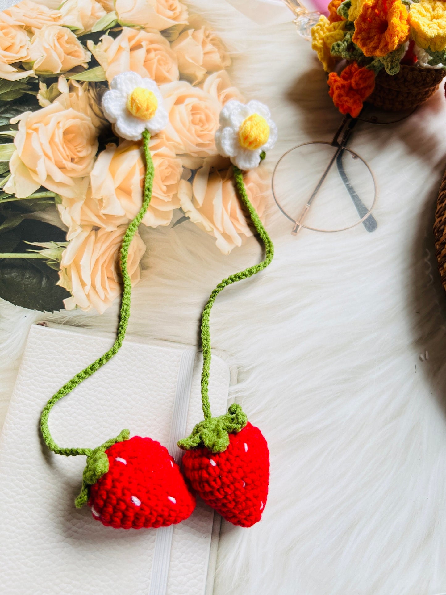 Crochet strawberry pendant, bookmark, car accessories, car view mirror hanging,gift for her, book lovers gift