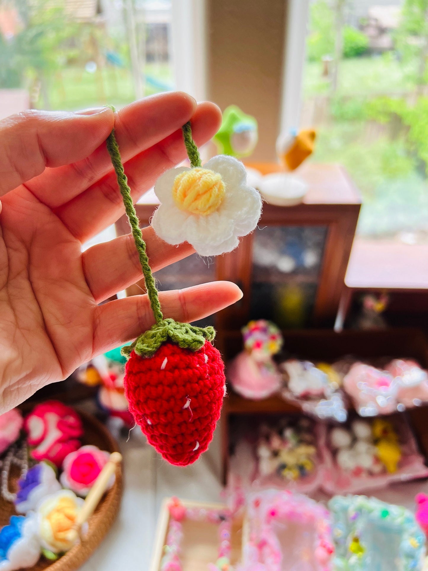 Crochet strawberry pendant, bookmark, car accessories, car view mirror hanging,gift for her, book lovers gift