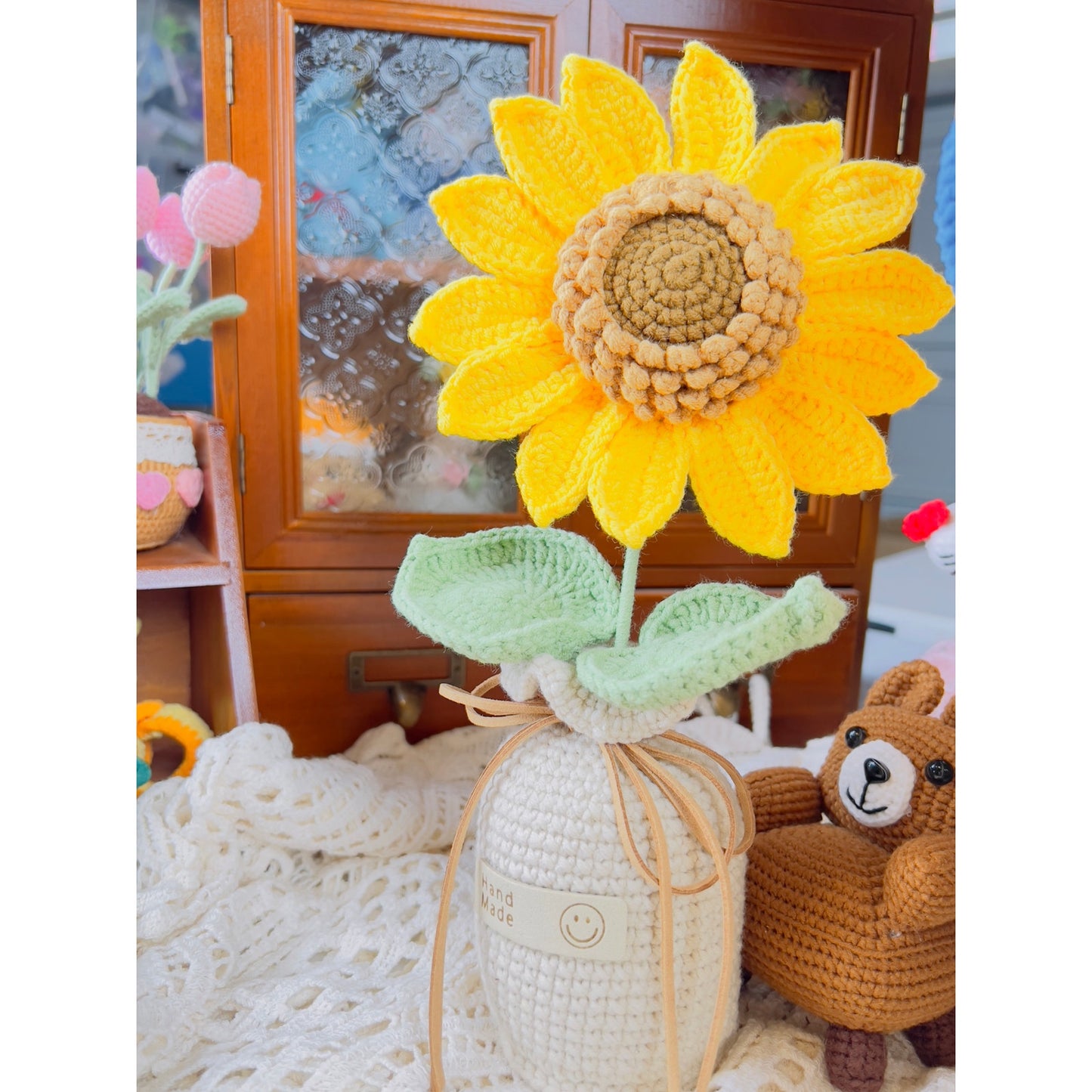 Crochet flowers in the pot, plant pot, handmade flowers