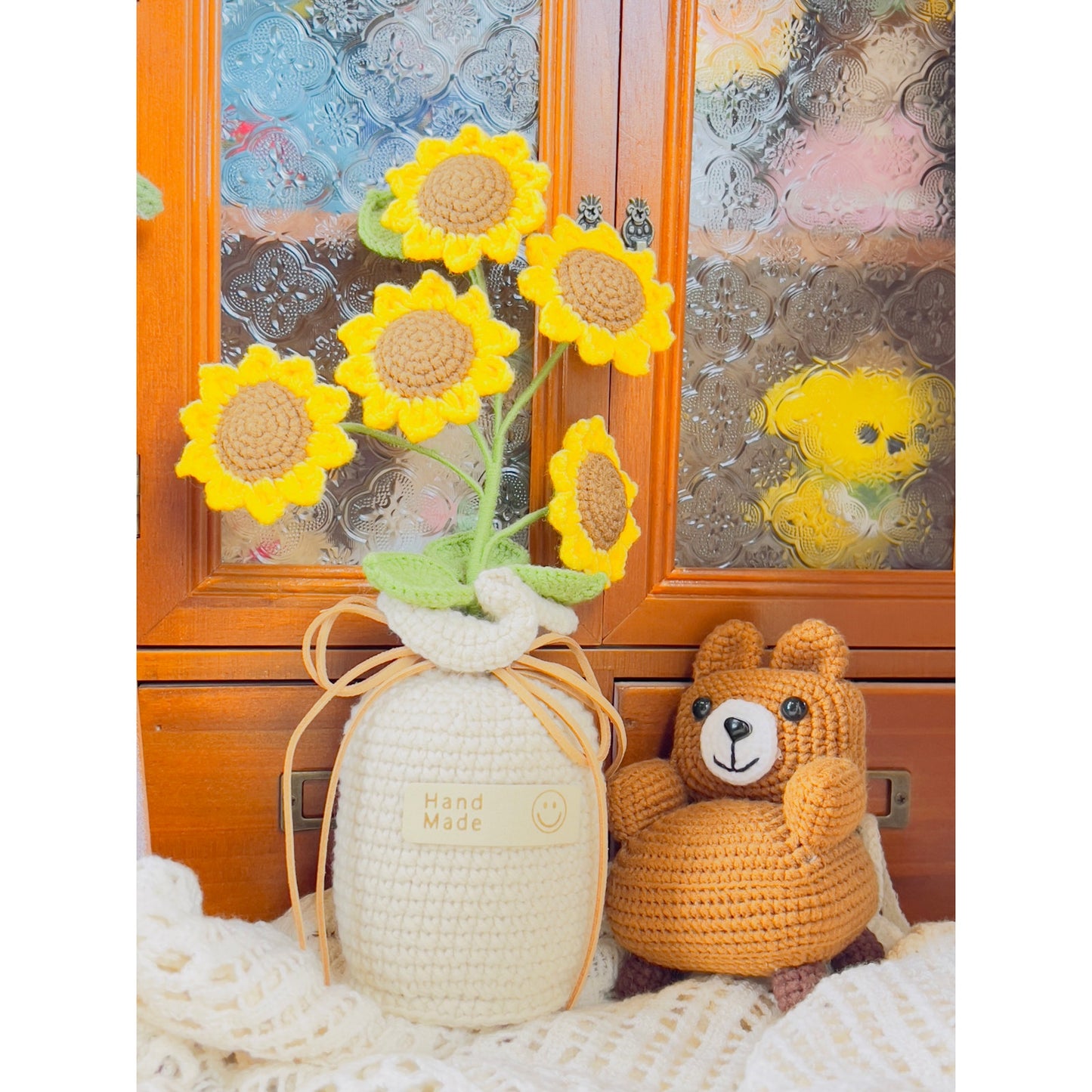 Crochet flowers in the pot, plant pot, handmade flowers