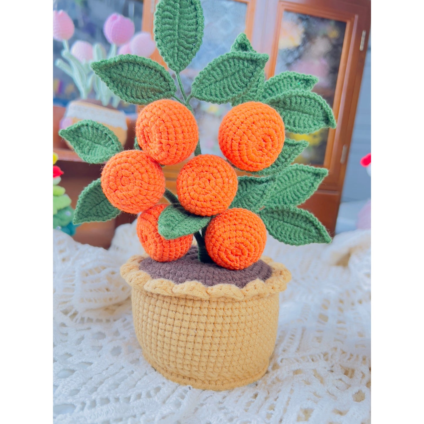 Crochet flowers in the pot, plant pot, handmade flowers