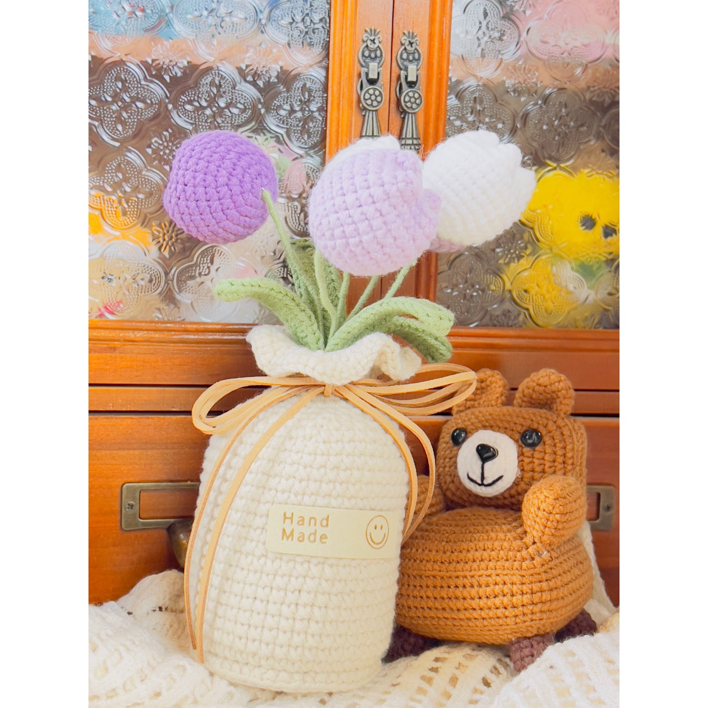 Crochet flowers in the pot, plant pot, handmade flowers