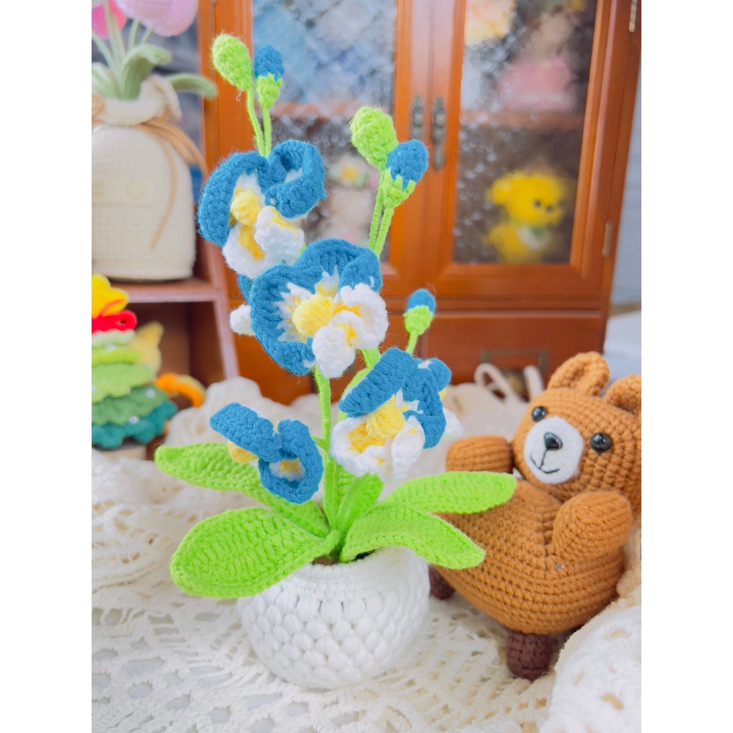 Crochet flowers in the pot, plant pot, handmade flowers