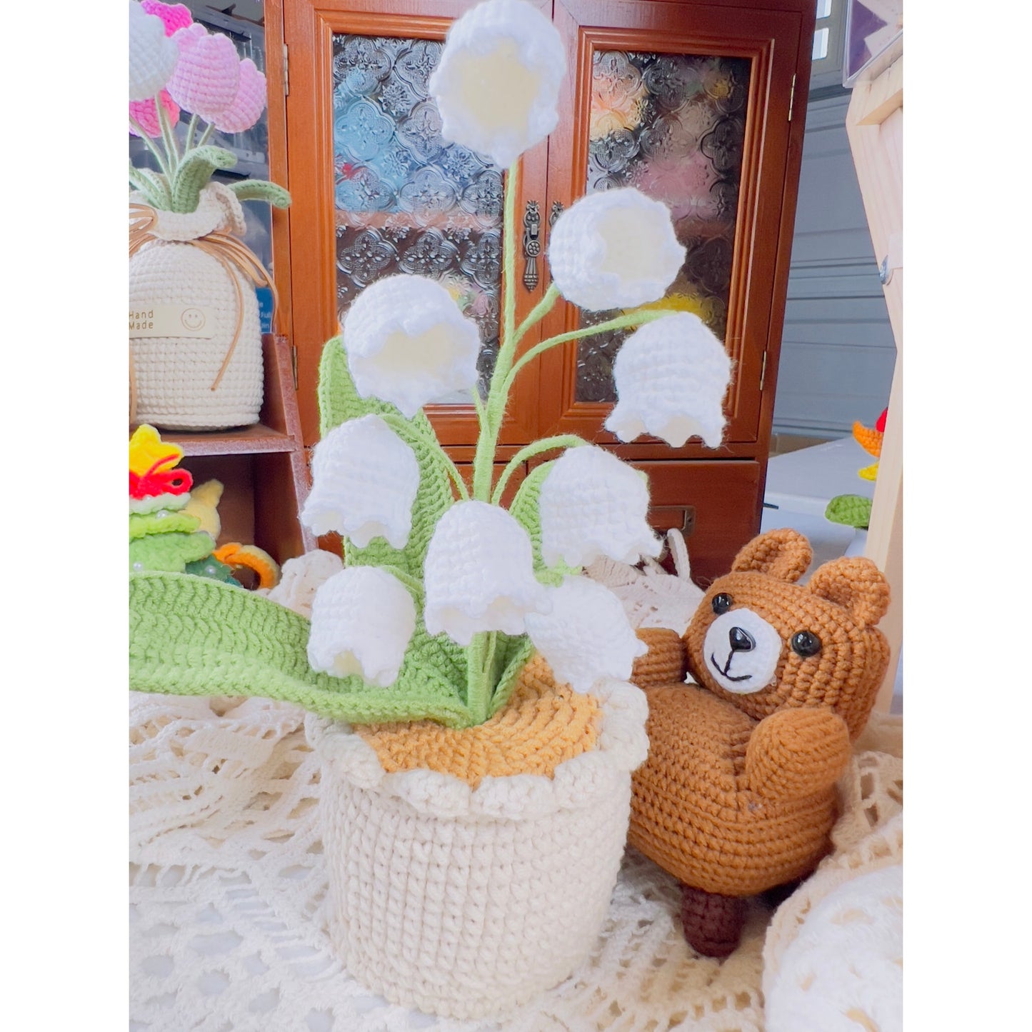 Crochet flowers in the pot, plant pot, handmade flowers