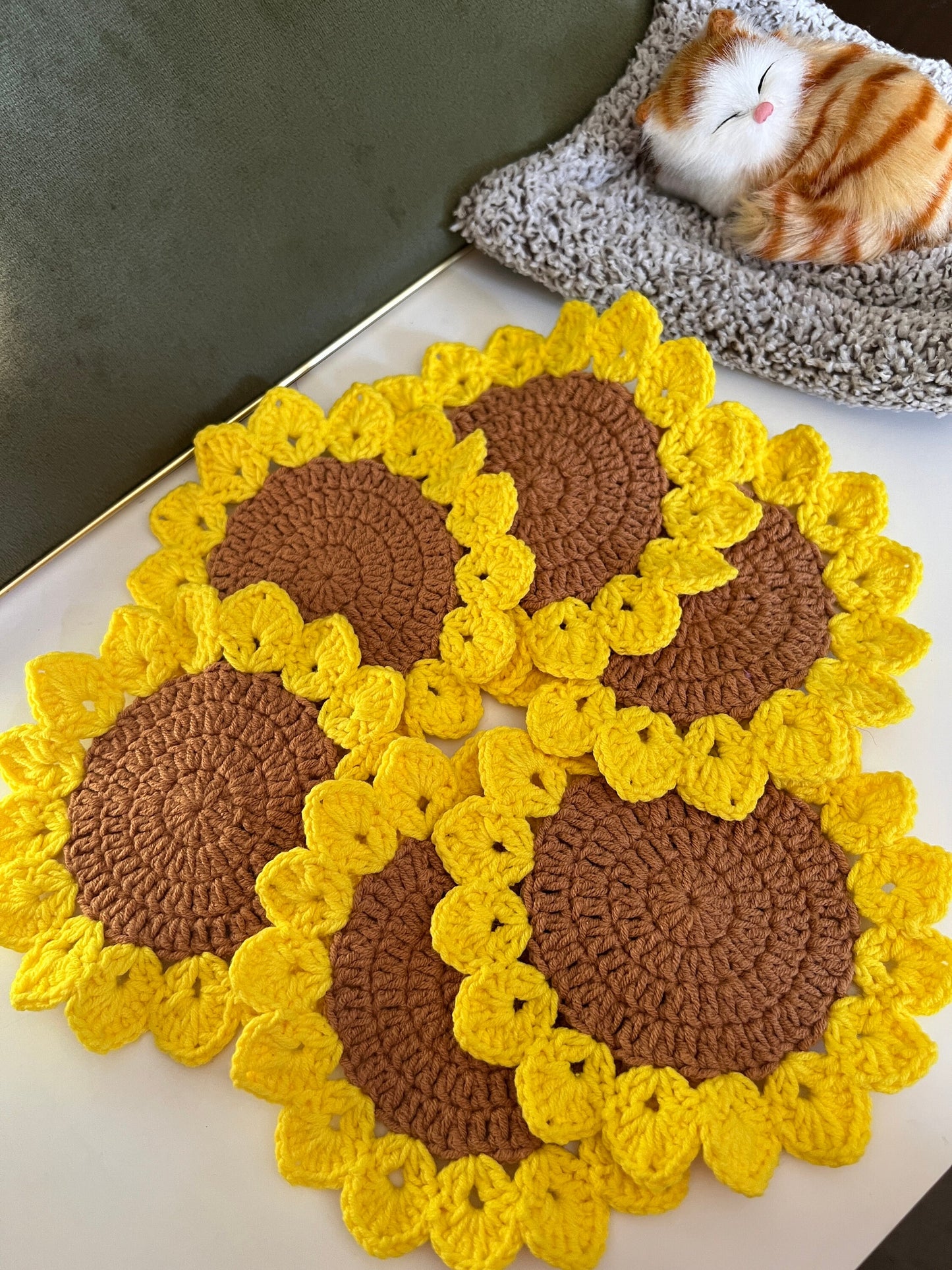 Handmade Crochet Sunflower Coaster, Set Coasters, Mother’s Day Gift, for mom, Knitted Sunflowers set, Birthday Day gift,Anniversary gif