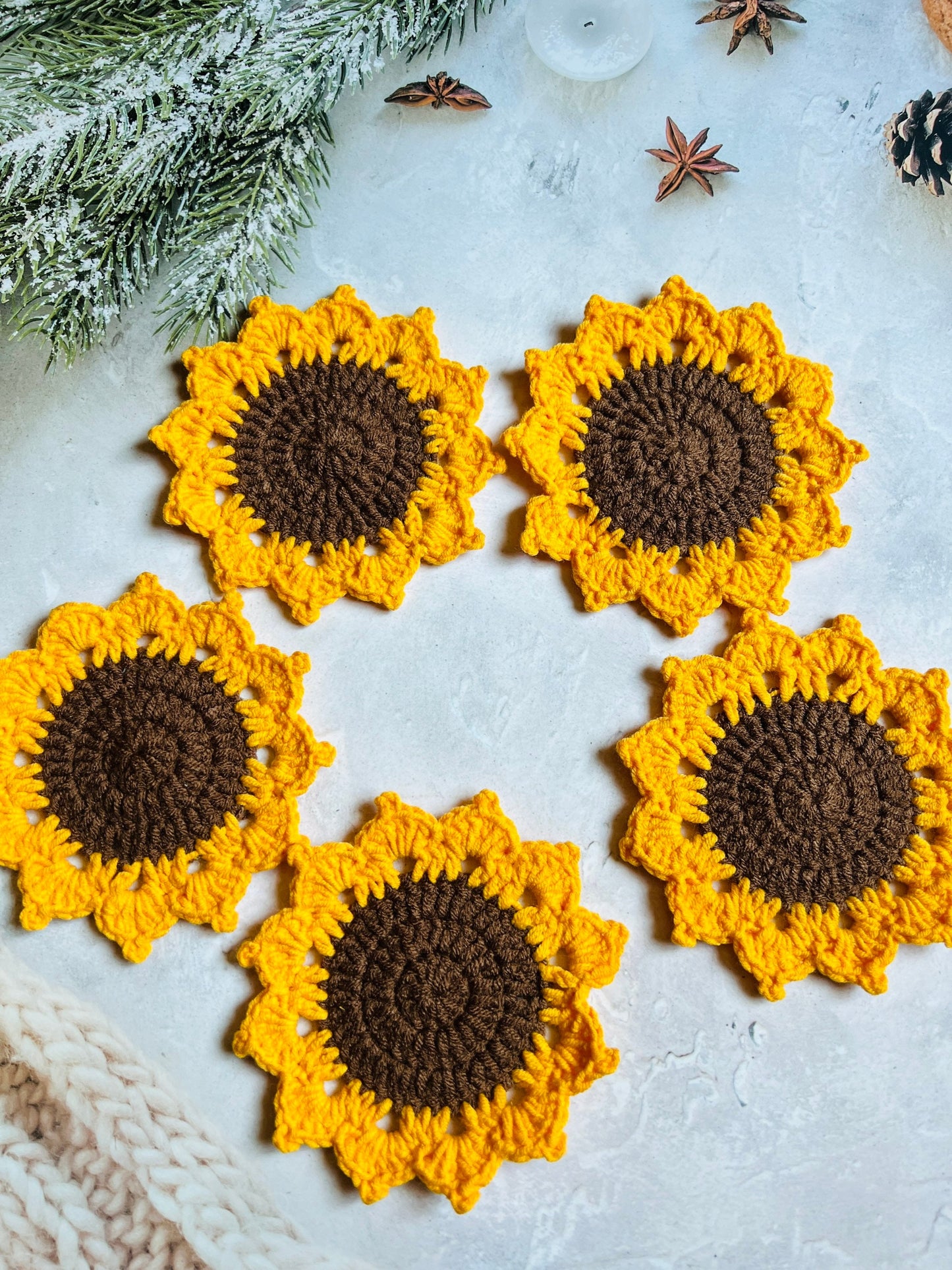 Handmade Crochet Sunflower Coaster, Set Coasters, Mother’s Day Gift, for mom, Knitted Sunflowers set, Birthday Day gift,Anniversary gif