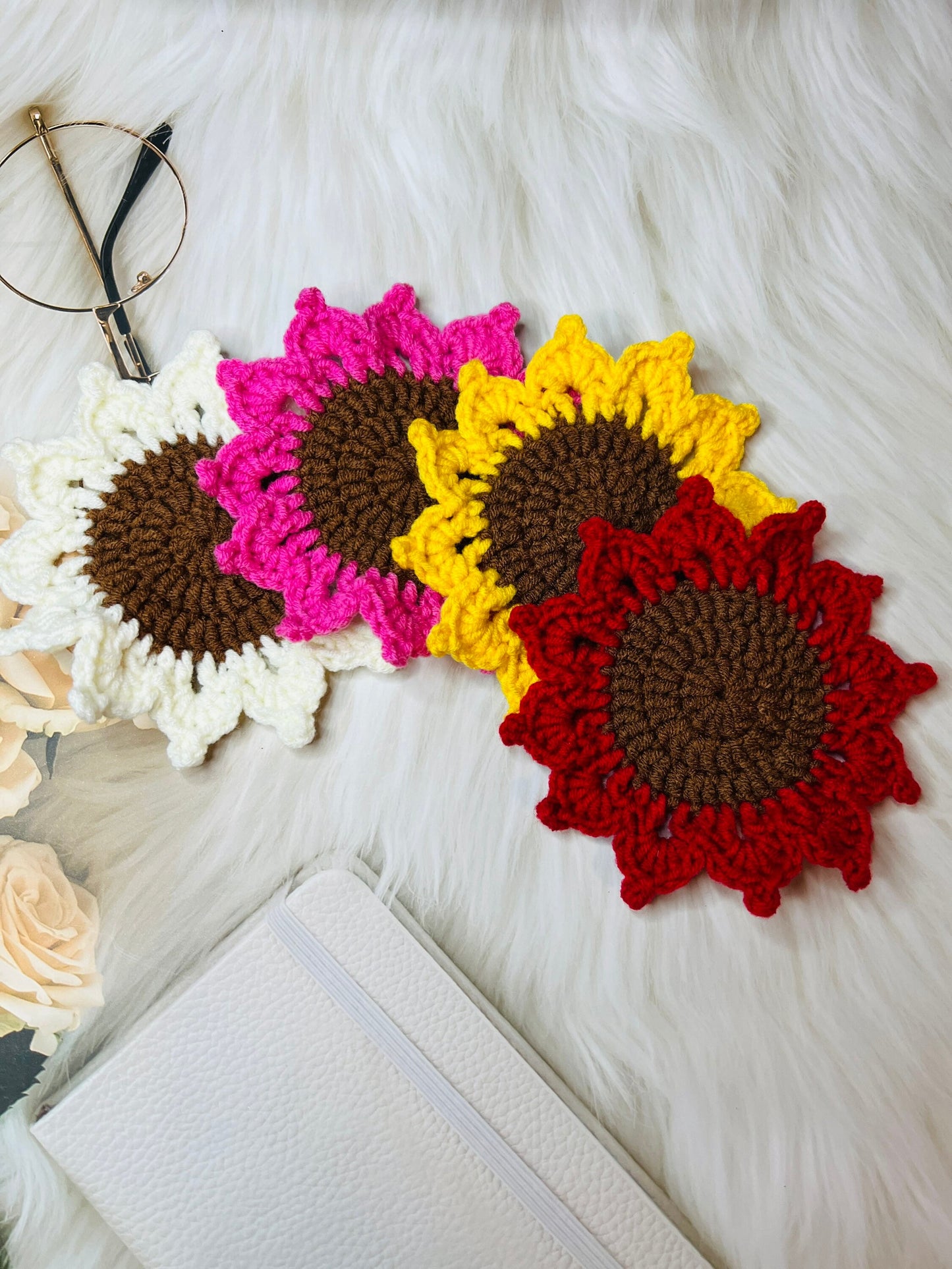 Handmade Crochet Sunflower Coaster, Set Coasters, Mother’s Day Gift, for mom, Knitted Sunflowers set, Birthday Day gift,Anniversary gif