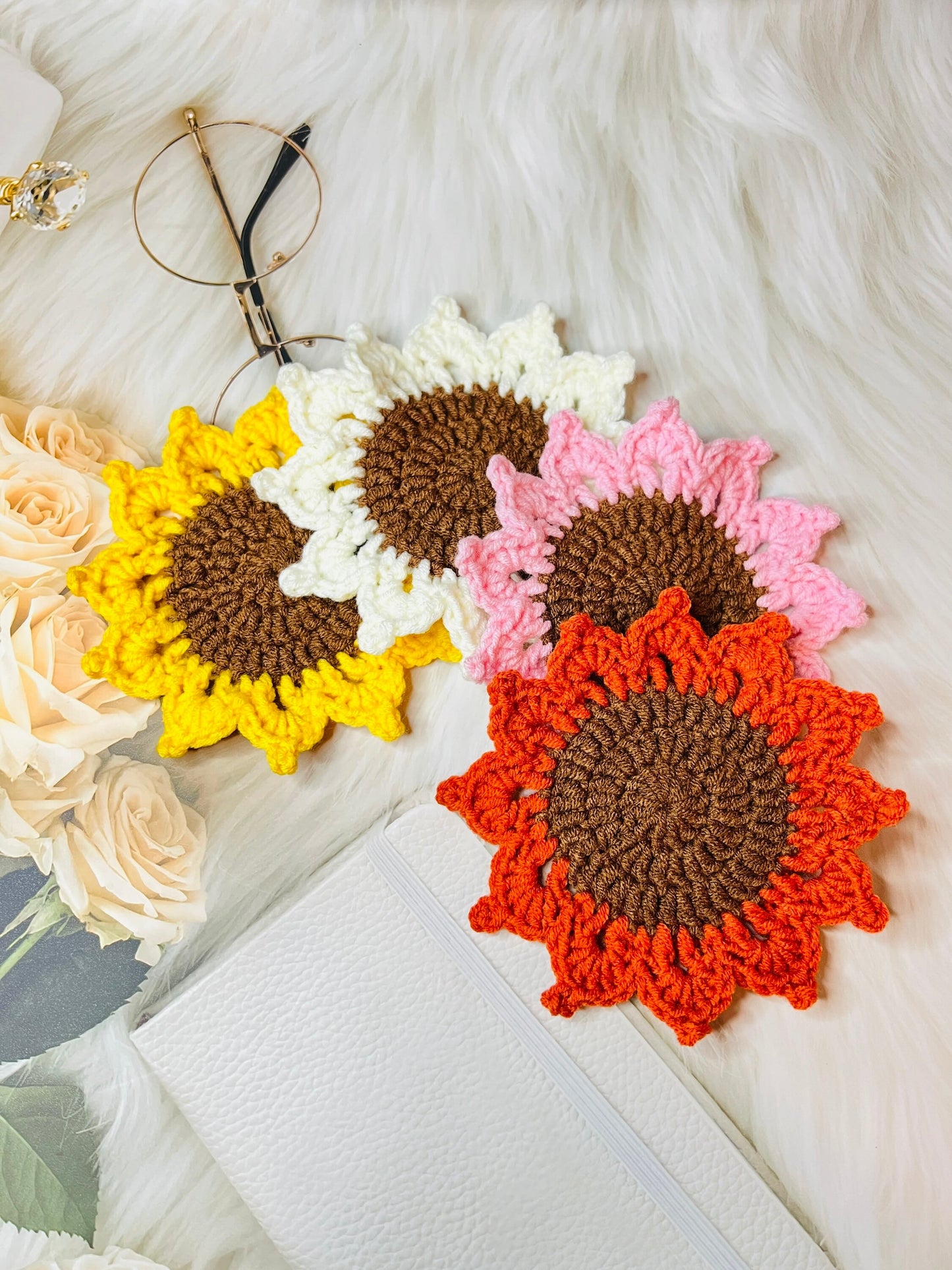 Handmade Crochet Sunflower Coaster, Set Coasters, Mother’s Day Gift, for mom, Knitted Sunflowers set, Birthday Day gift,Anniversary gif