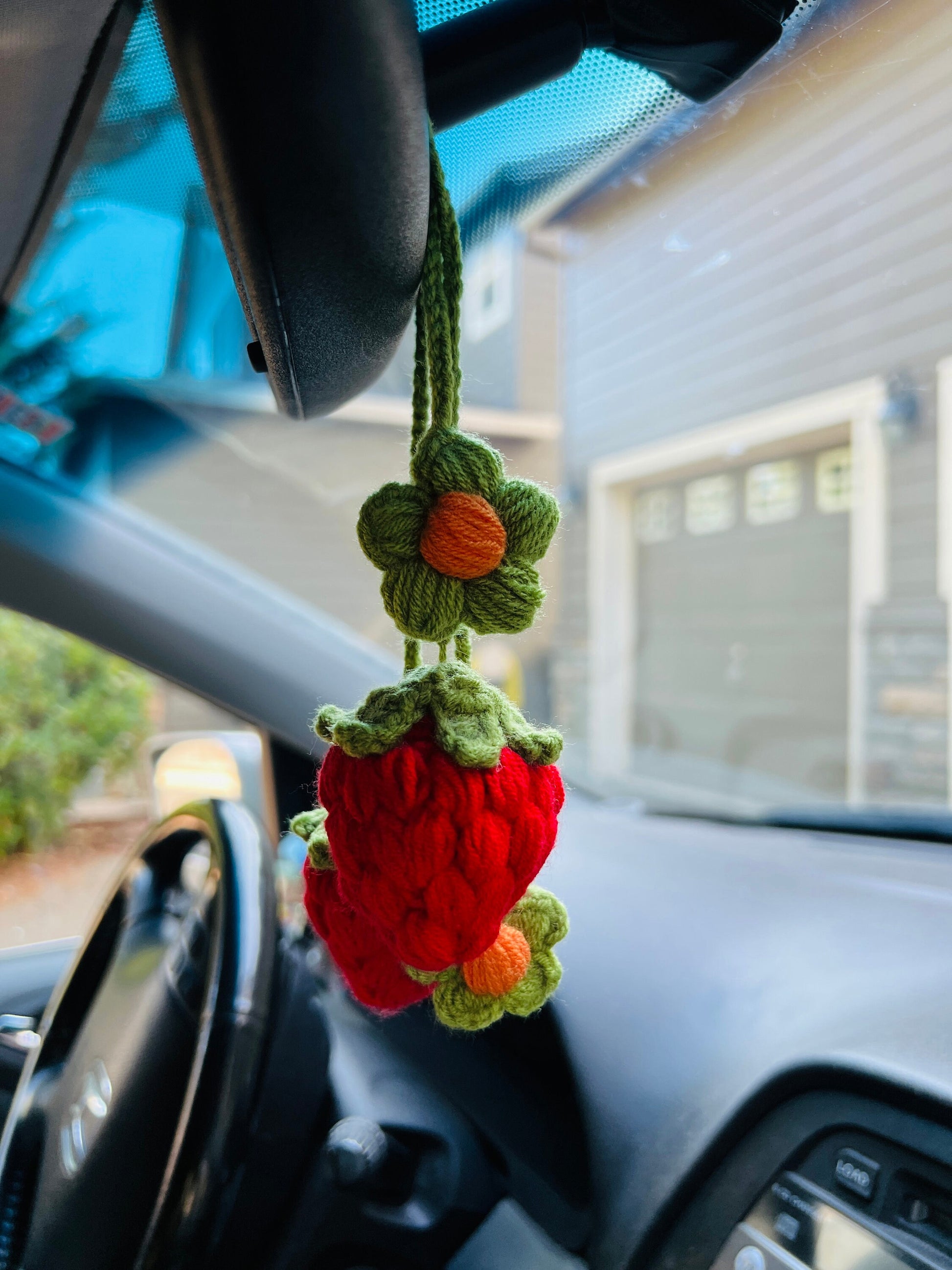 Crochet strawberry,Mother’s day gift,anniversary/birthday gift, Car Mirror Hanging Accessories, Strawberry Rear View Mirror Accessories,