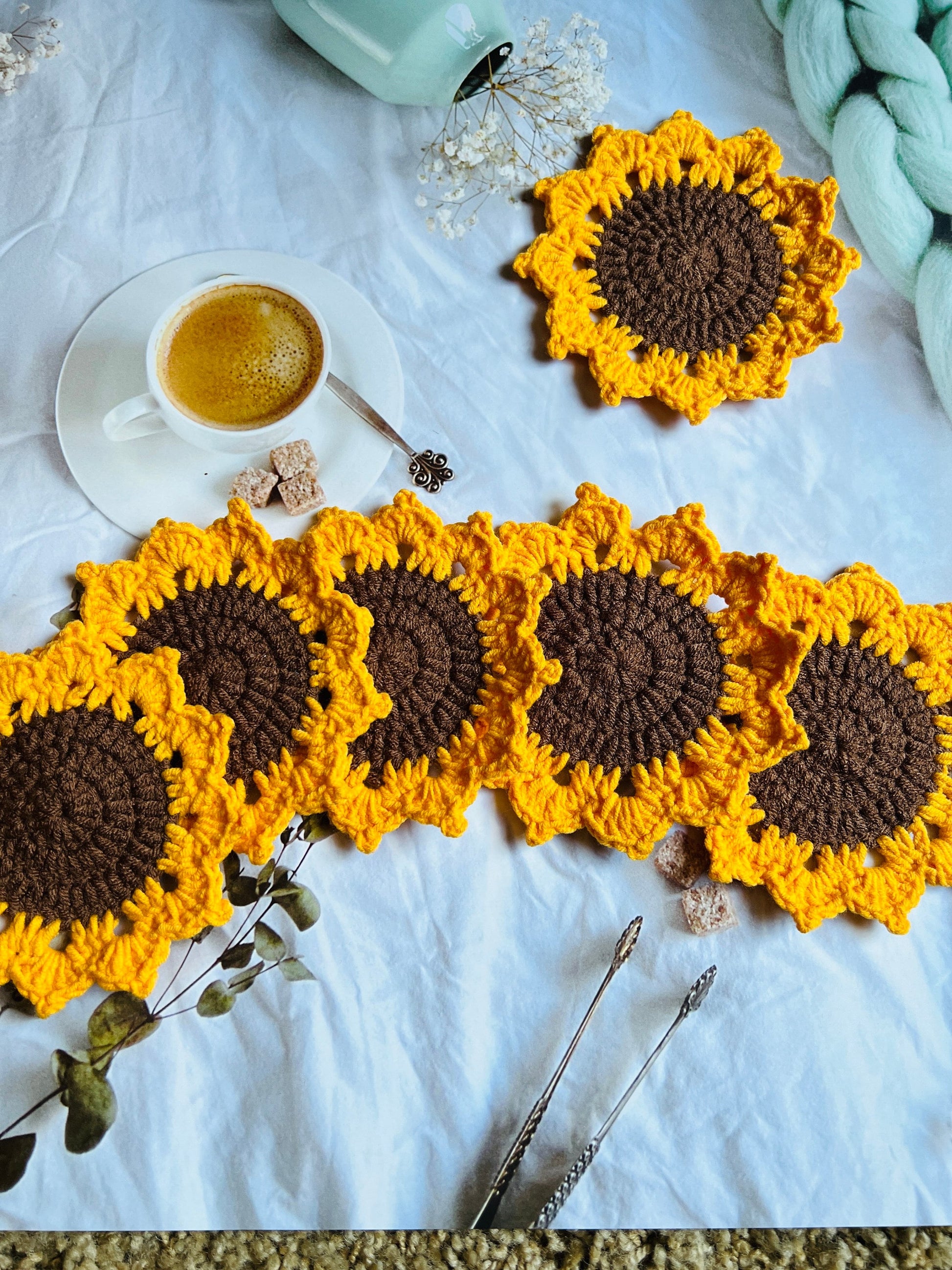 Handmade Crochet Sunflower Coaster, Set Coasters, Mother’s Day Gift, for mom, Knitted Sunflowers set, Birthday Day gift,Anniversary gif