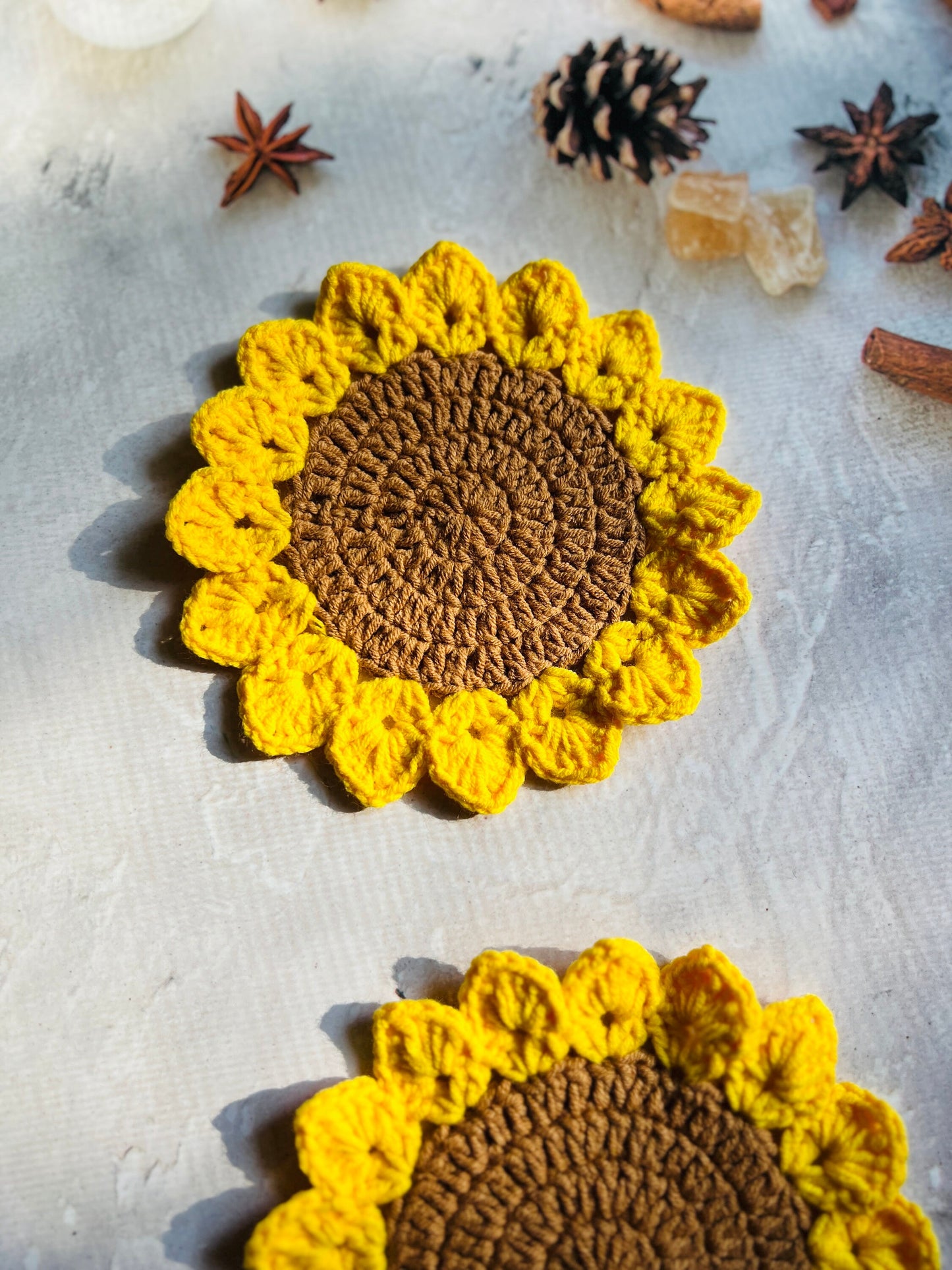 Handmade Crochet Sunflower Coaster, Set Coasters, Mother’s Day Gift, for mom, Knitted Sunflowers set, Birthday Day gift,Anniversary gif