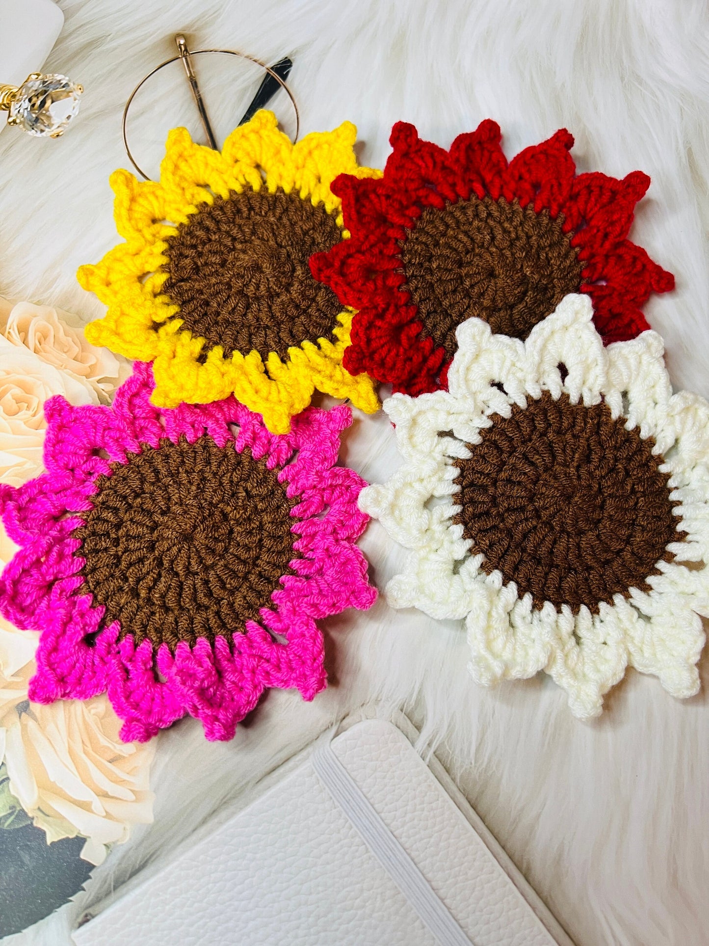 Handmade Crochet Sunflower Coaster, Set Coasters, Mother’s Day Gift, for mom, Knitted Sunflowers set, Birthday Day gift,Anniversary gif