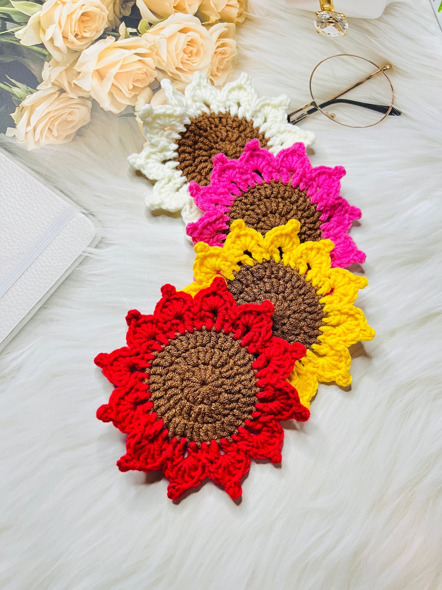 Handmade Crochet Sunflower Coaster, Set Coasters, Mother’s Day Gift, for mom, Knitted Sunflowers set, Birthday Day gift,Anniversary gif