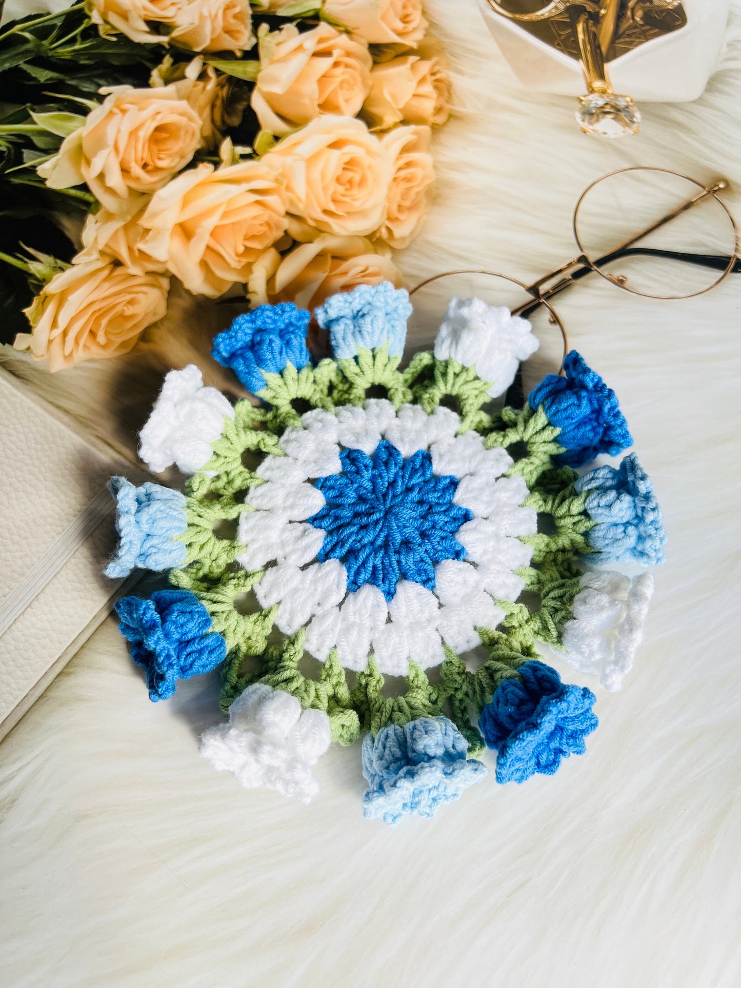 Crochet flower coasters, handmade gift,lily of valley coasters, mug coasters, birthday gift, anniversary gift, handmade gifts,fast ship