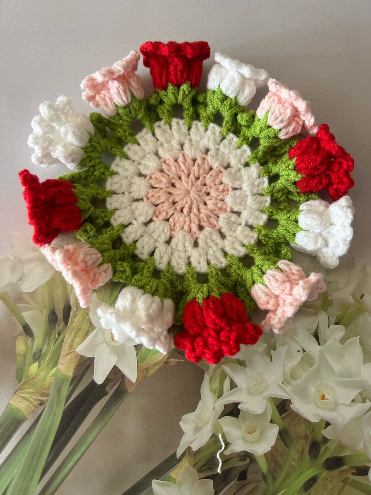 Crochet flower coasters, handmade gift,lily of valley coasters, mug coasters, birthday gift, anniversary gift, handmade gifts,fast ship