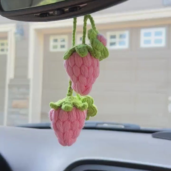 Crochet strawberry,Mother’s day gift,anniversary/birthday gift, Car Mirror Hanging Accessories, Strawberry Rear View Mirror Accessories,