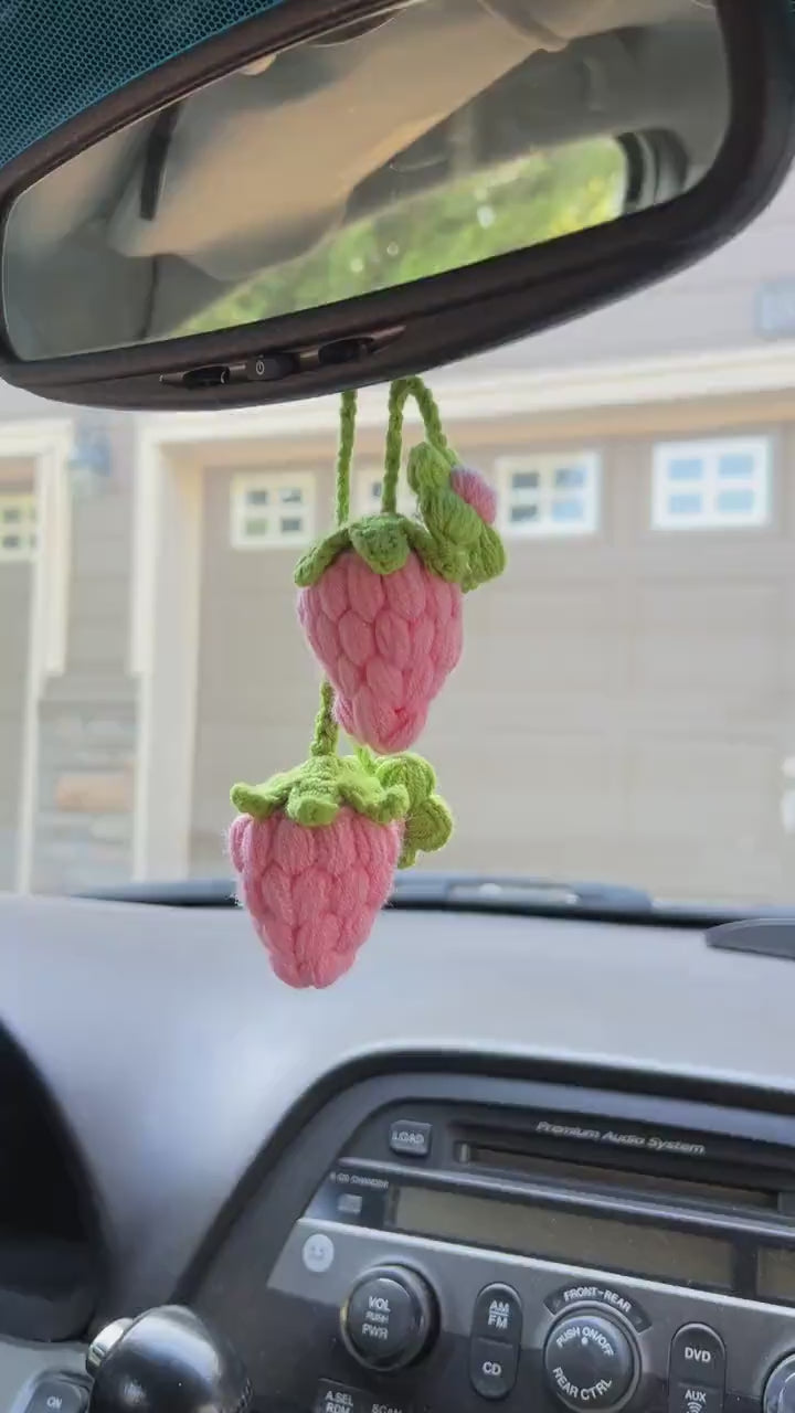 Crochet strawberry,Mother’s day gift,anniversary/birthday gift, Car Mirror Hanging Accessories, Strawberry Rear View Mirror Accessories,