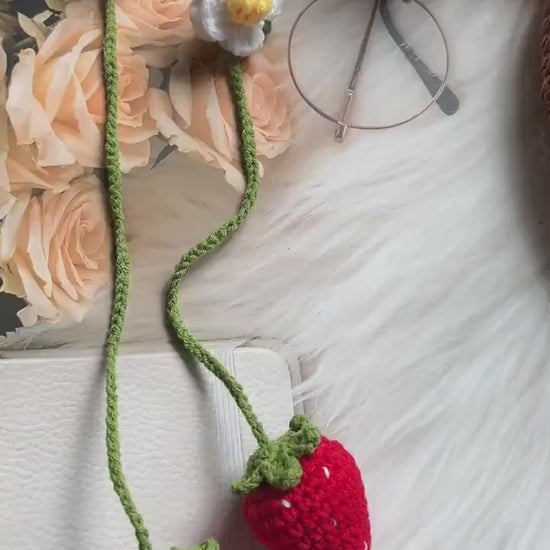 Crochet strawberry pendant, bookmark, car accessories, car view mirror hanging,gift for her, book lovers gift