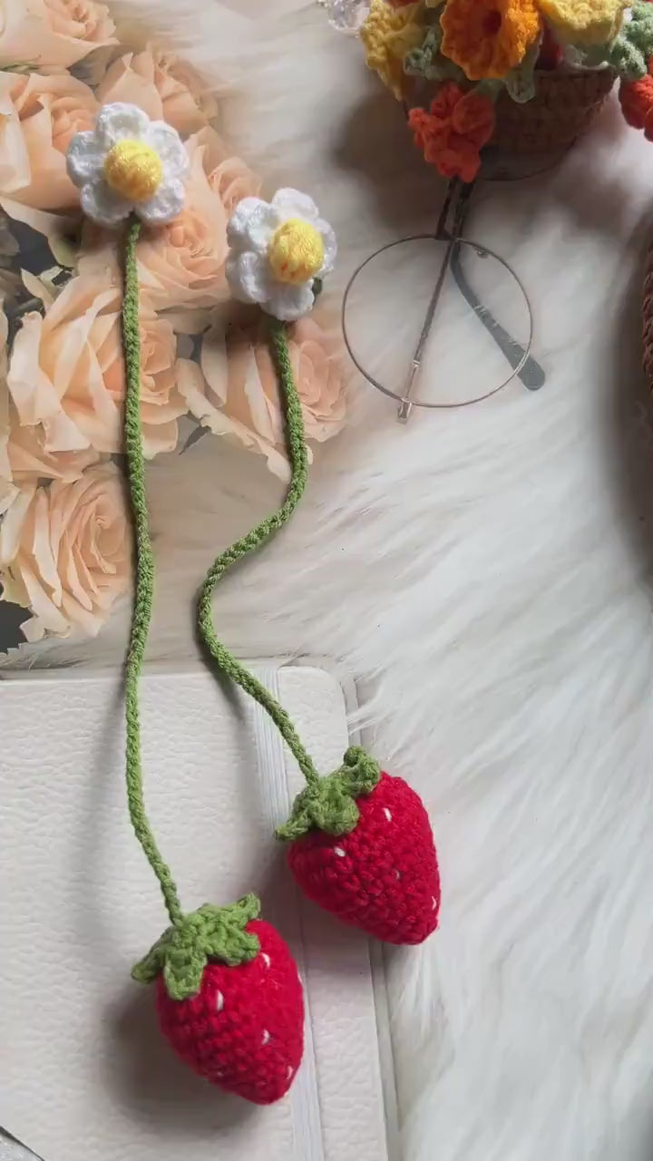 Crochet strawberry pendant, bookmark, car accessories, car view mirror hanging,gift for her, book lovers gift